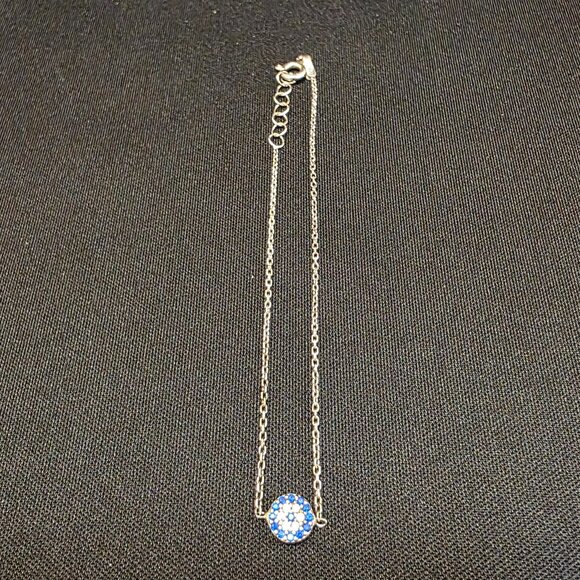 925 Sterling Silver Cubic Zirconia CZ Evil Eye anklet Bracelet adjustable - Picture 1 of 9